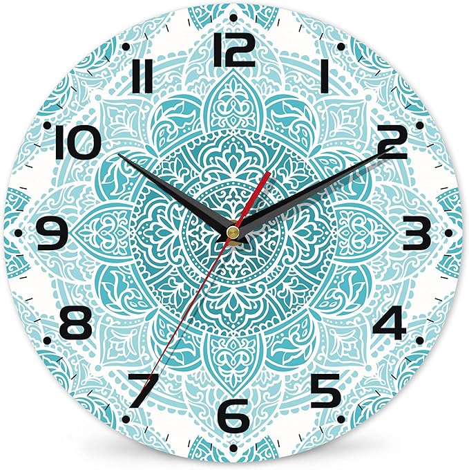 Teal Mandala Flower Wall Clock, Silent Non-Ticking, Battery Operated, Wooden by DEMACYA