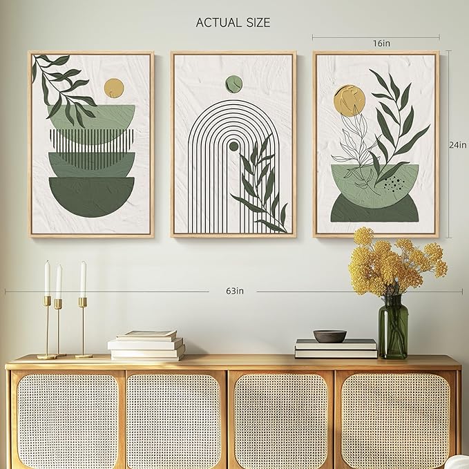 Framed Sage Green Boho Wall Art Bedroom, 3 Piece Bohemian Botanical Paintings - Image 3