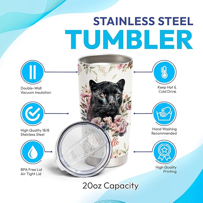 Hyturtle Personalized Panther Tumbler Cup Gifts For Women - Birthday Christmas Gifts For Panther Lovers - Panther Gifts - Animal Lover Gifts - Custom Name 20oz Stainless Steel Travel Tumbler