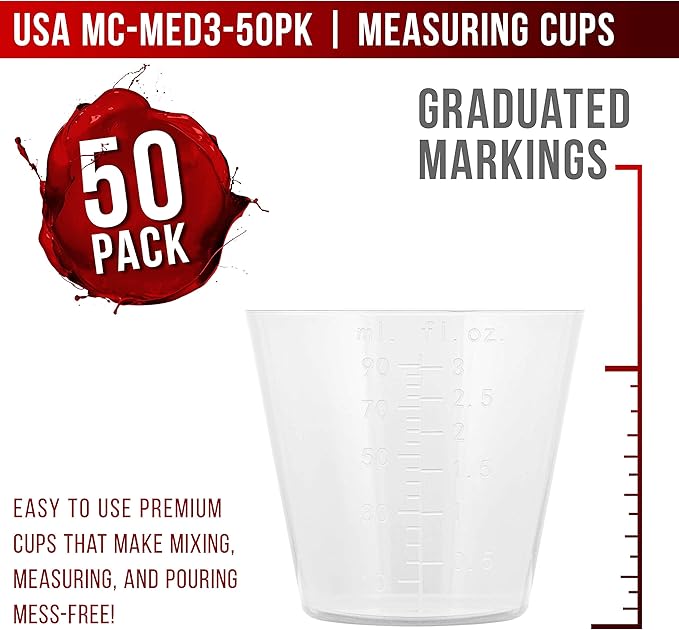 Pouring Masters 3 Oz (90 ml) Liquid Measuring Cups - Plastic Graduated Cup (50 Pack) with 25 Sticks - Reusable Mixing Cups for Paint, Craft, Kitchen, Lab, Medical Supplies, Epoxy Resin, Art