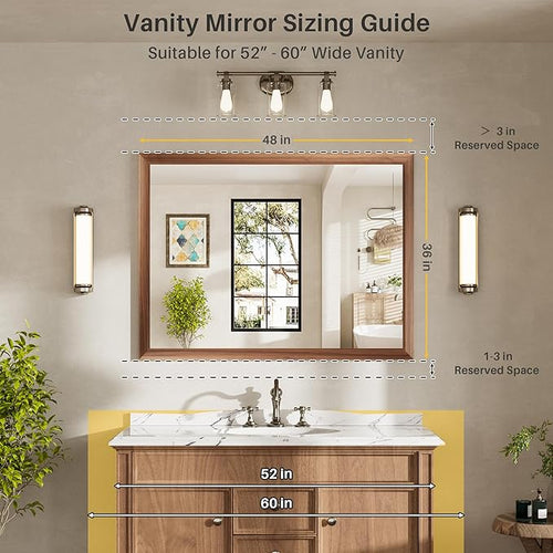 48x36 Inch Bathroom Mirror for Wall, Anti-Rust Walnut Wood Grain Metal Framed - Image 2
