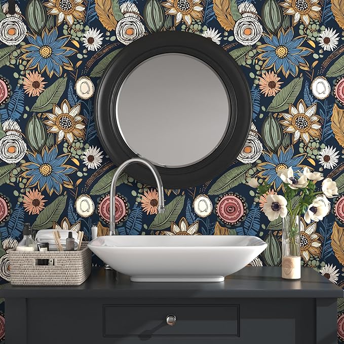 Blue Wallpaper Peel and Stick, Vintage Boho Floral Contact Paper 17.5" x 118" - Image 2