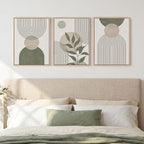 Framed Sage Green Boho Wall Art Bedroom, 3 Piece Beige Bohemian Canvas by Cuspin