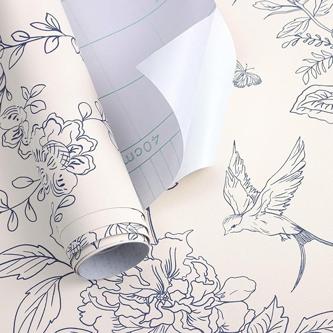 Froluya Cream White and Blue Floral Wallpaper Peel and Stick Wallpaper - Image 5