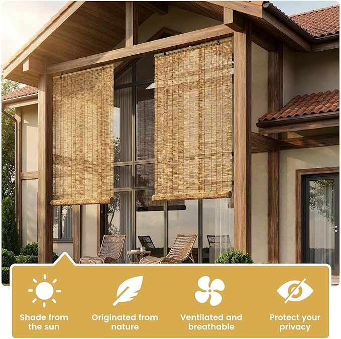 Roman Shades for Windows Bamboo Roller Shades for Patio Porch – Light Filtering - Image 3