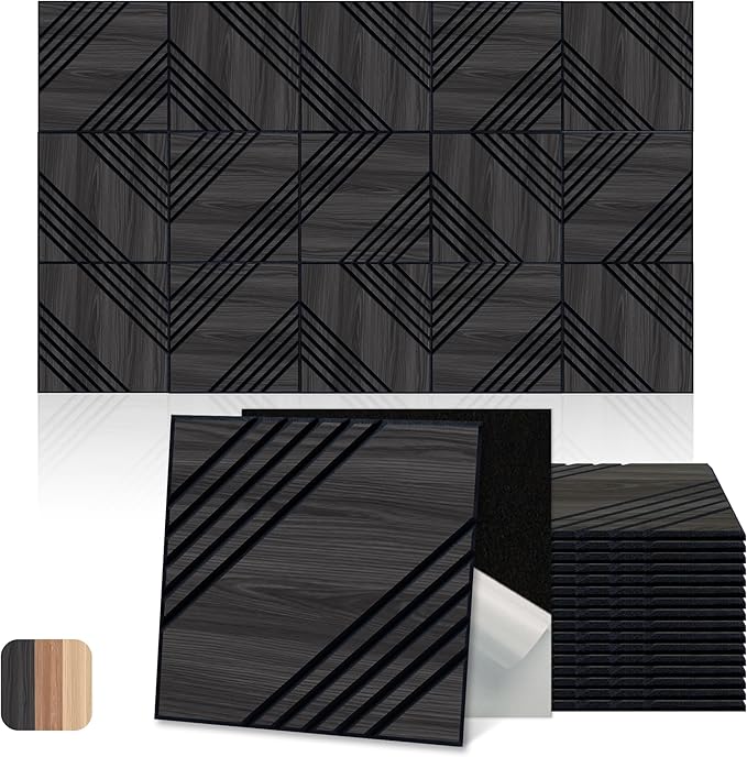 Mollywell Acoustic Panels, PVC Wood-Grain Decor, 12x12 Inch Carved Pattern by Mollywell