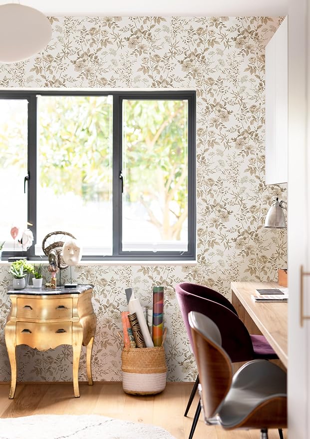 Erfoni 16.9" x197" Beige Floral Peel and Stick Wallpaper Boho Floral Leaf - Image 6