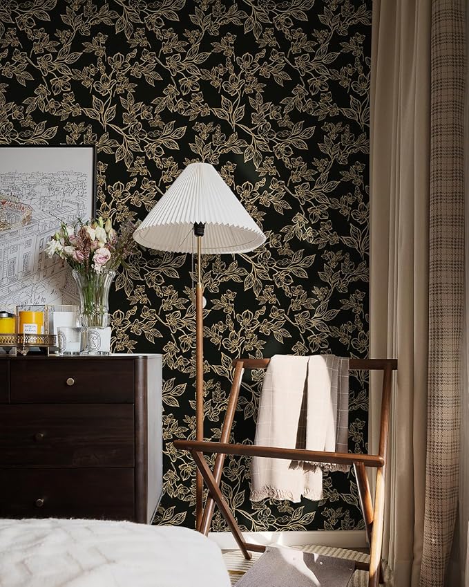 Ismoon Peel and Stick Wallpaper Black and Gold Stick on Wallpaper Dark Floral - Image 8