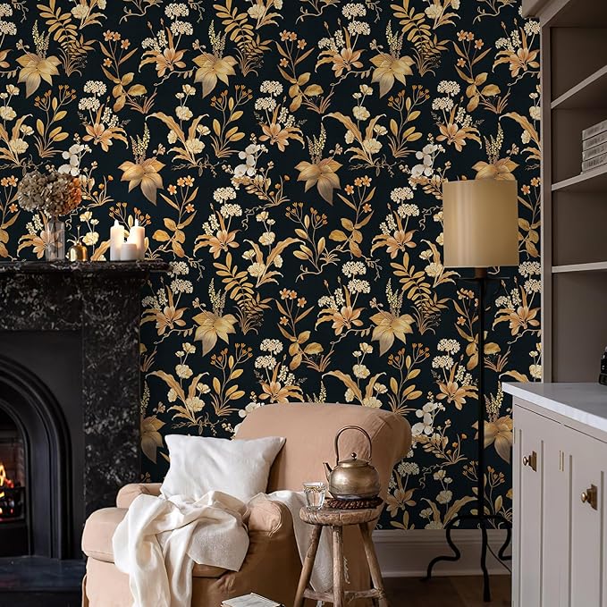 Simon&Siff Vintage Wallpaper Peel and Stick Black Gold Floral Wallpaper - Image 6