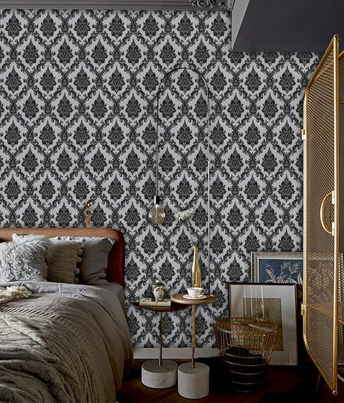 17.7" x 394" Black Peel and Stick Wallpaper Black Vintage Wall Paper - Image 2