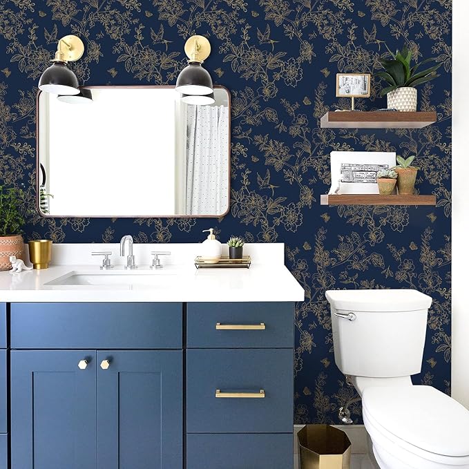 Froluya Dark Blue and Gold Vintage Floral Peel and Stick Wallpaper 17.7"x393.7" - Image 5