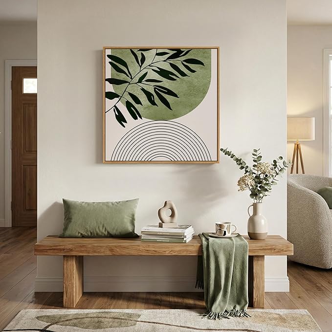 Framed Green Boho Botanical Wall Art, Sage Green Abstract Paintings Artwork - Image 4