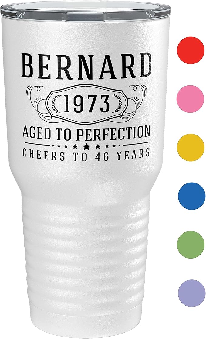 Personalized Printed 30oz Insulated Stainless Steel Powder Coated Tumbler with Lid, Custom Printed, White, Bernard