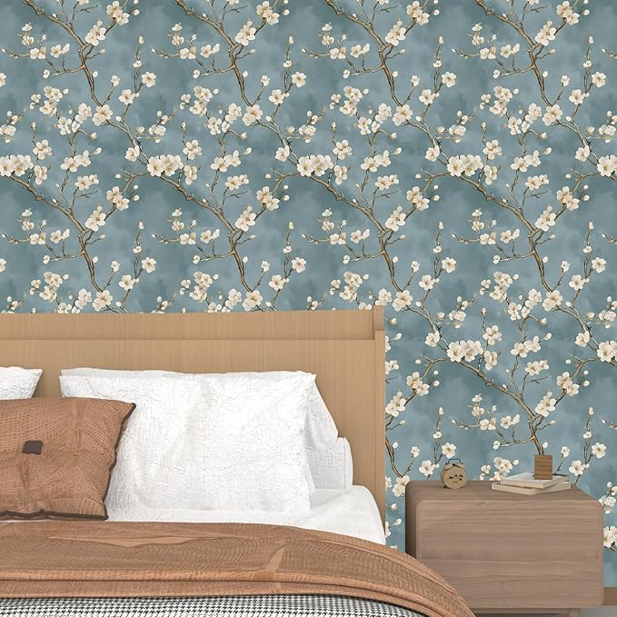 Vintage Floral Wallpaper Peel and Stick Blue White Flowers Contact Paper Vinyl - Image 7