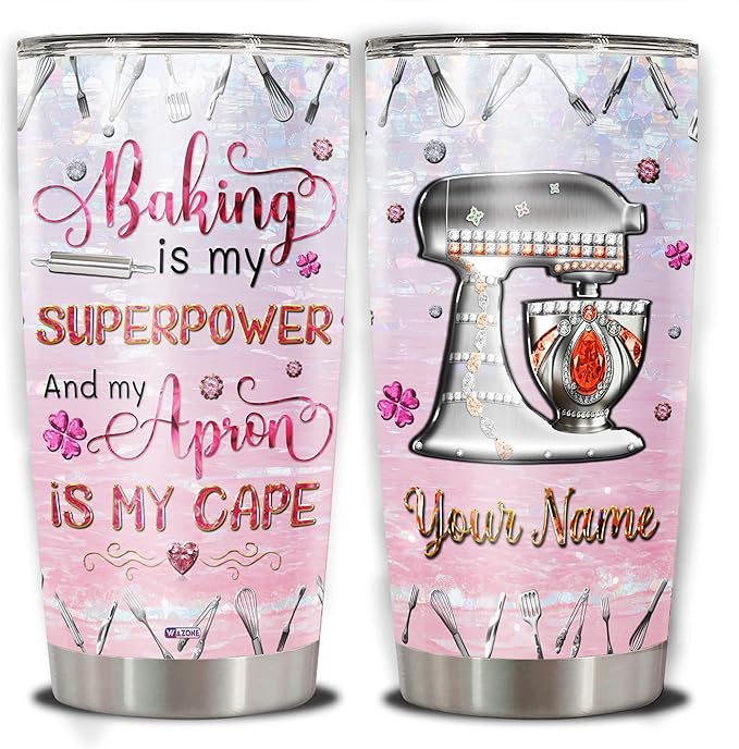 WAZONE Personalized Baking Tumbler With Lid 20oz 30oz Custom Name Jewelry Style Vacuum Insulated Cup Novelty Travel Mug Pastry Chef Cooking Themed Gifts For Cute Baker Women Who Love To Bake