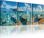 Ocean Seascape Wall Art Nautical Boat on Beach Canvas Picture Framed Art by weiyiart