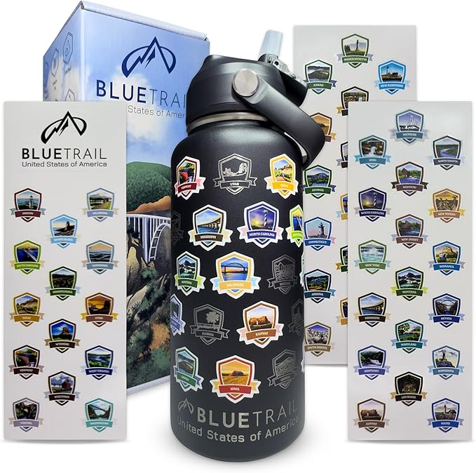BlueTrail 50 States Water Bottle with Stickers - 32 oz Insulated Stainless Steel, Upgraded Leak-Proof Lid, UV & Waterproof Permanent Stickers, Laser Engraved 50 States of the USA (Black)