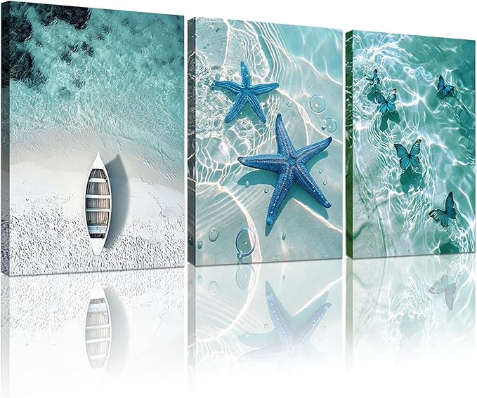 Ocean Wall Art Beach Canvas Print Starfish Shell on Teal Board Paintings by weiyiart