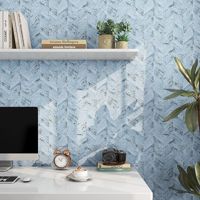 Livelynine 15.8x197 Blue and White Grass Cloth Wallpaper Peel and Stick Contact - Image 2