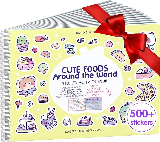 Girly Sticker Book Activity for Kids, Cute Foods Around The World by Cupkin, Toddler Airplane Travel Essentials, 500+ Stickers for Kids 12 Scenes + Coloring Book Pages, Crafts Ages 2-8