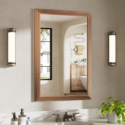 24x36 Inch Bathroom Mirror for Wall, Anti-Rust Walnut Wood Grain Metal Framed by Briivuemodernmirrors