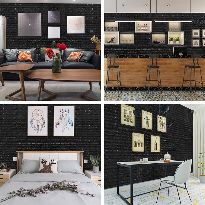 YU LI 3DH 3D Wall Panels Peel and Stick 11PCS Black Foam Brick Wallpaper - Image 4
