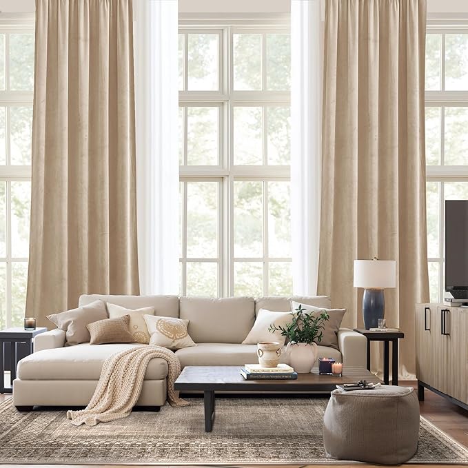 NICETOWN Beige Velvet Curtains 102 inches Long 52 inch Wide 2 Panels, Luxury - Image 9
