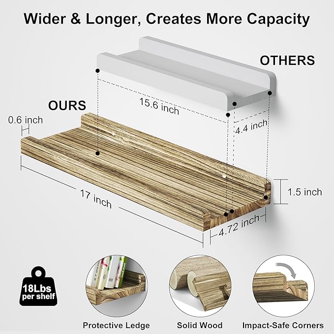 Love-KANKEI Floating Shelves Wall Mounted Set of 2, 17 Inch Rustic Wood Wall - Image 3