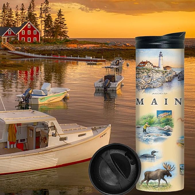 Xplorer Maps Maine Map 16 Oz Travel Drinkware with Spill-Resistant Lid - Stainless Steel Vacuum Insulated Coffee Tumbler