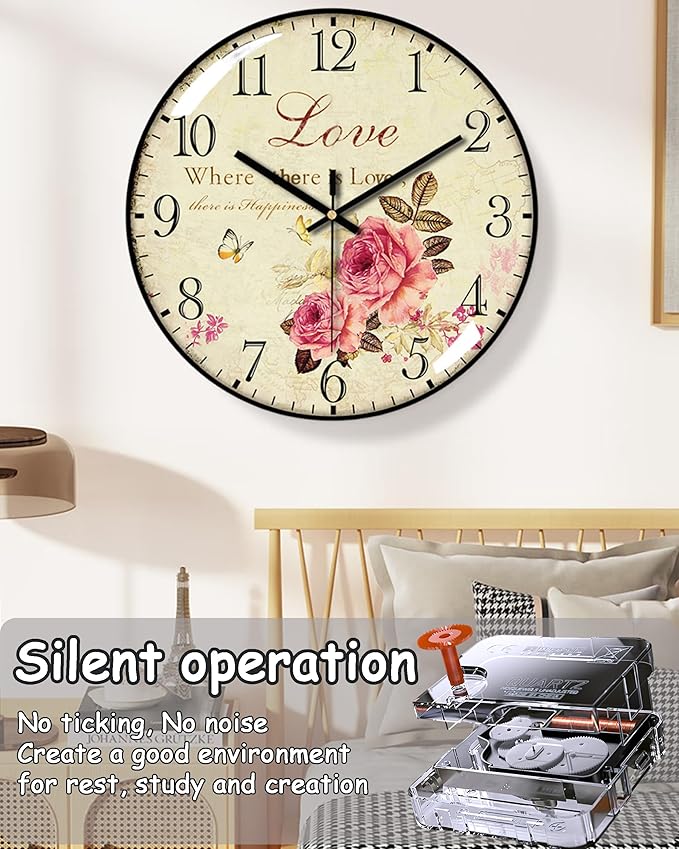 Decorative Wall Clock Battery Operated, 12-Inch Retro Vintage Floral Butterfly - Image 3