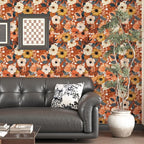 BOKEBEVE Extra Long Orange Wallpaper Stick and Peel Boho Floral Contact Paper - Image 2