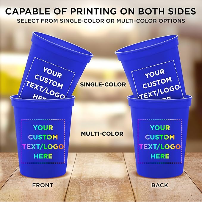 DISCOUNT PROMOS Custom Plastic Stadium Cups 16 oz. Set of 50, Personalized Bulk Pack - Perfect for Birthdays, Weddings, Picnic, Beach, Parties - Blue