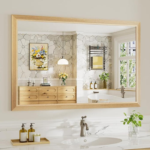 48x32 Inch Bathroom Mirror for Wall, Anti-Rust Oak Wood Grain Metal Framed by Briivuemodernmirrors