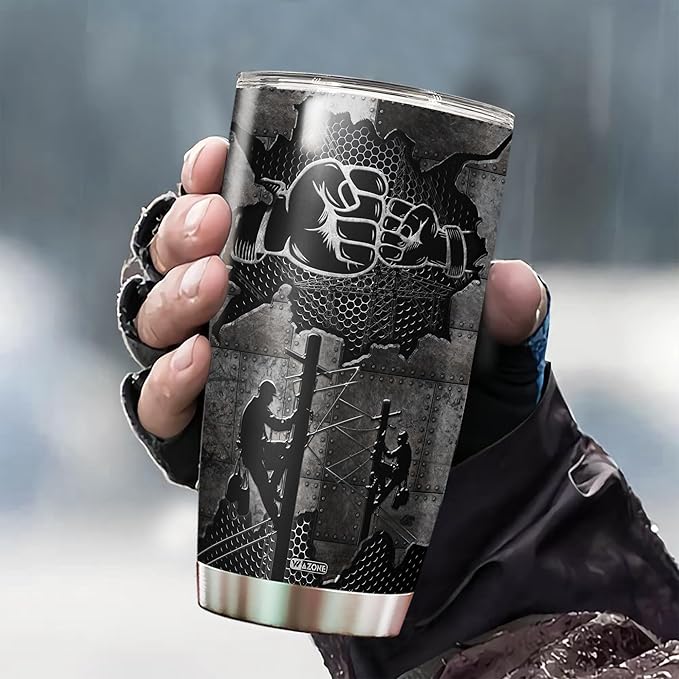 WAZONE Personalize Lineman Tumbler With Lid Custom Name Vacuum Insulated Cup Travel Mug Stainless Steel 20oz 30oz Gift Birthday Christmas Presents For Line Worker Father Dad Men Him