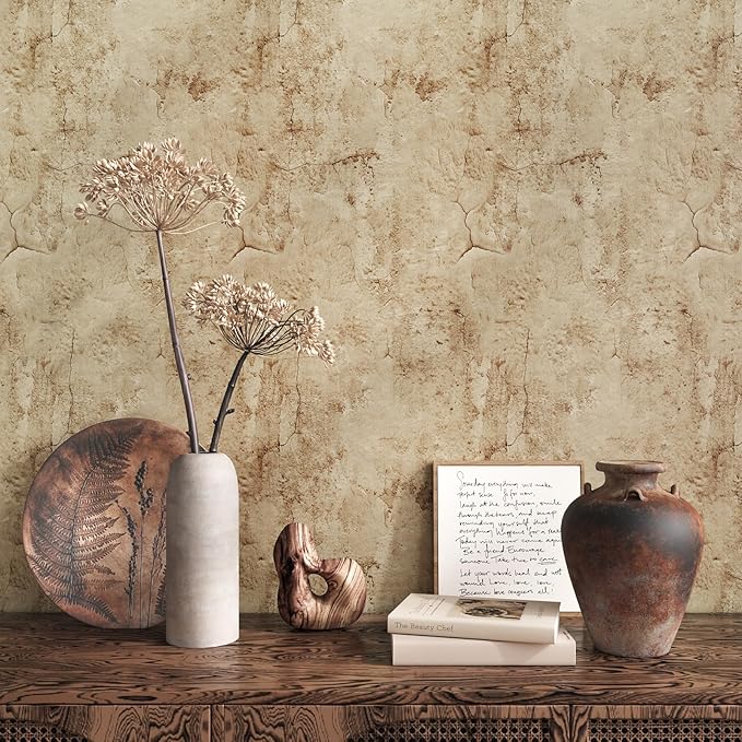 VEELIKE Aged Tan Concrete Wallpaper Peel and Stick Distressed Beige Limewash by VEELIKE
