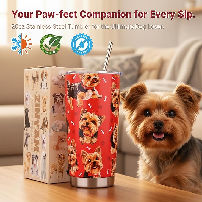 Yorkie Gifts Tumbler 20oz - Stainless Steel Insulated Cup with Lid & Straw, Dog Lover Gift for Women Men