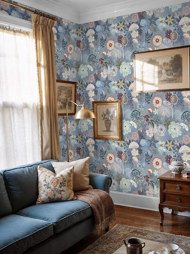 Ismoon Floral Peel and Stick Wallpaper Vintage Blue Contact Paper Jellyfish - Image 7