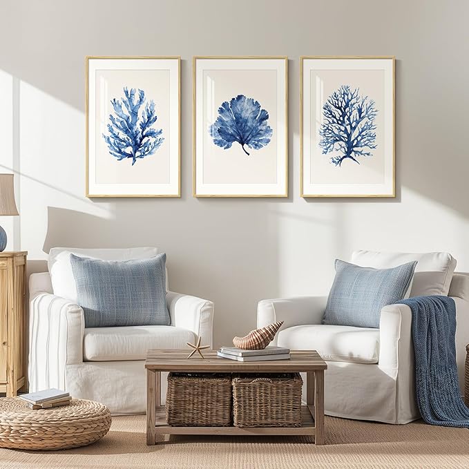 Framed Coastal Coral Wall Art for Living Room, Large Navy Blue Watercolor Coral - Image 4