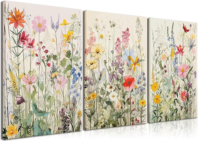 KISSFOX 3 Piece Watercolor Flower Framed Wall Art Decor Colorful Botanical by KISSFOX