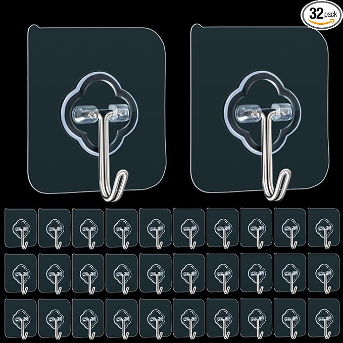 Adhesive Hooks, 32 Pack 33lb Sticky Hooks, Transparent Reusable Removable by DKHDBD