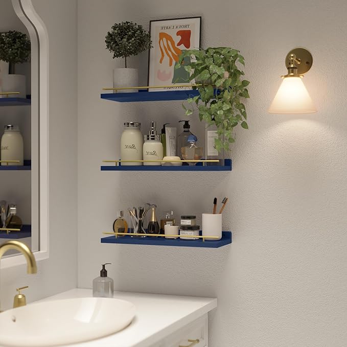 WOPITUES Floating Shelves with Gold Metal Guardrail, Shelves - Image 5