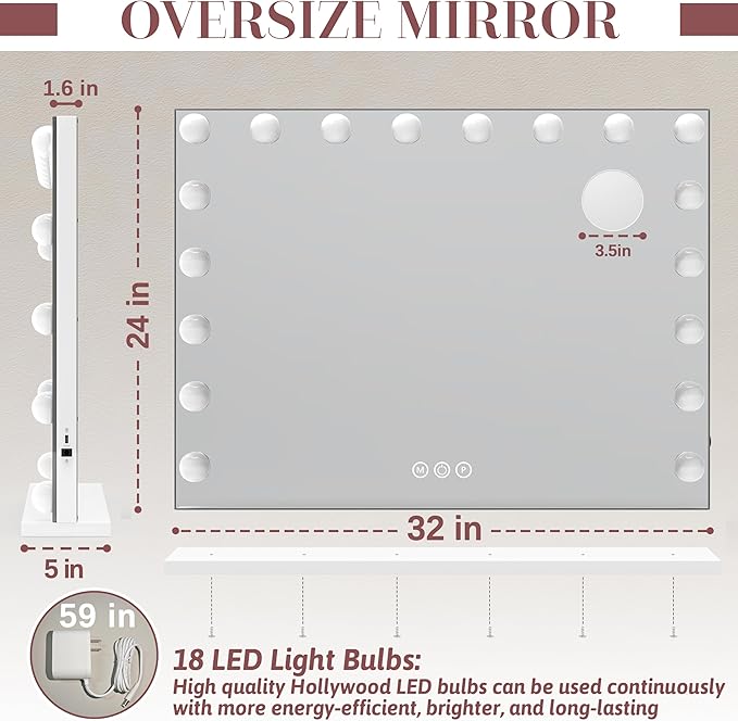 ROLOVE 32"x24" Hollywood Vanity Mirror - Image 3