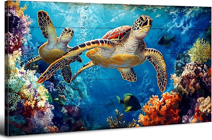 Sea Turtle Wall Art for Living Room Ocean Bathroom Decor Colorful Fish Coral by HOME
