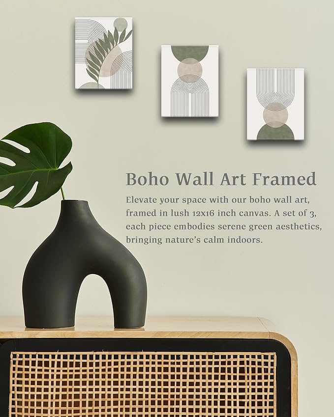 30x40CM Sage Green Boho Wall Art, Framed Canvas Bathroom Wall Art Pictures - Image 2