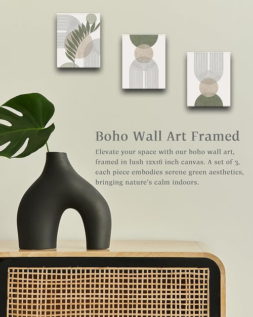 30x40CM Sage Green Boho Wall Art, Framed Canvas Bathroom Wall Art Pictures - Image 2