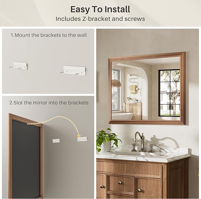 48x30 Inch Bathroom Mirror for Wall, Anti-Rust Walnut Wood Grain Metal Framed - Image 5