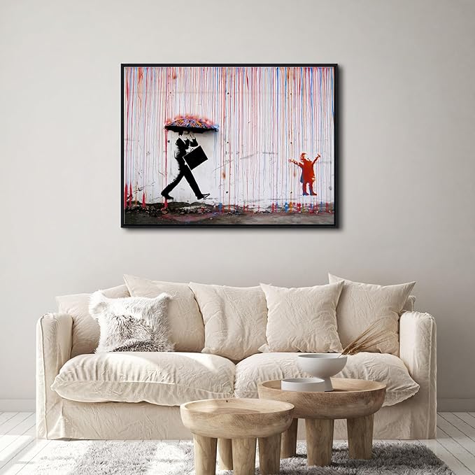 Wieco Art Framed Banksy Raining Day or Colorful Graffiti Street Famous Canvas - Image 2