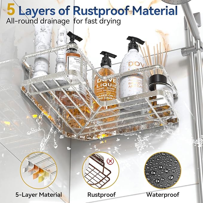 YASONIC Corner Shower Caddy Organizer, Self-Adhesive Rustproof Bath Shelves - Image 3