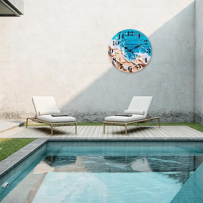 Indoor/Outdoor Clocks Waterproof, Glass Rustic Beach Decor Wall Clock - Image 4