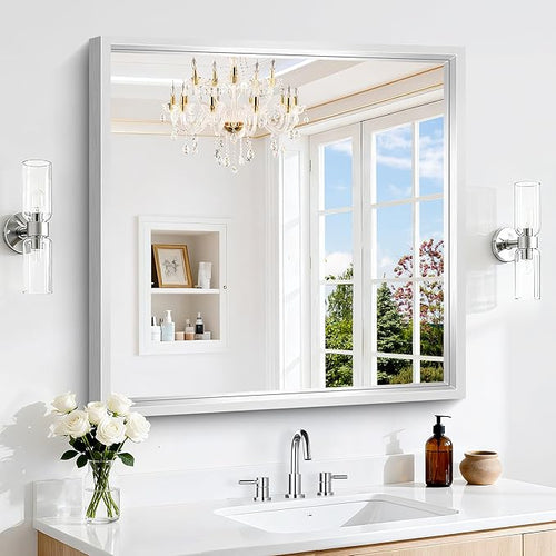 30 x 30 Silver Bathroom Mirror, Brushed Silver Square Mirror by WelcometoCIVENO